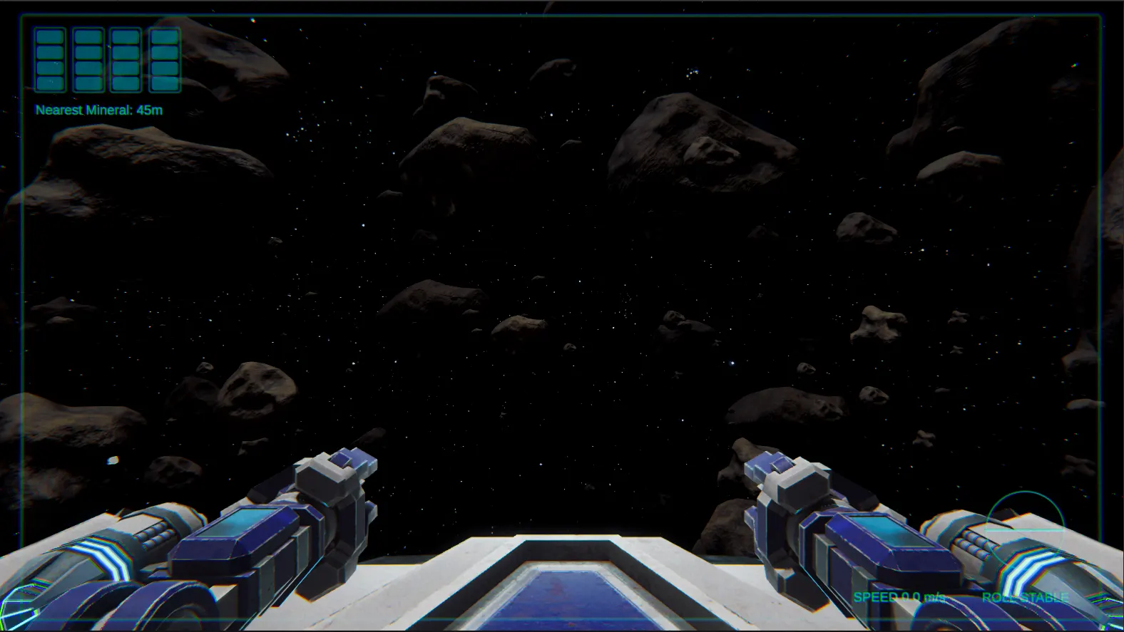First-person VR cockpit view of an asteroid field with cyan HUD readouts for nearest mineral, speed, and roll