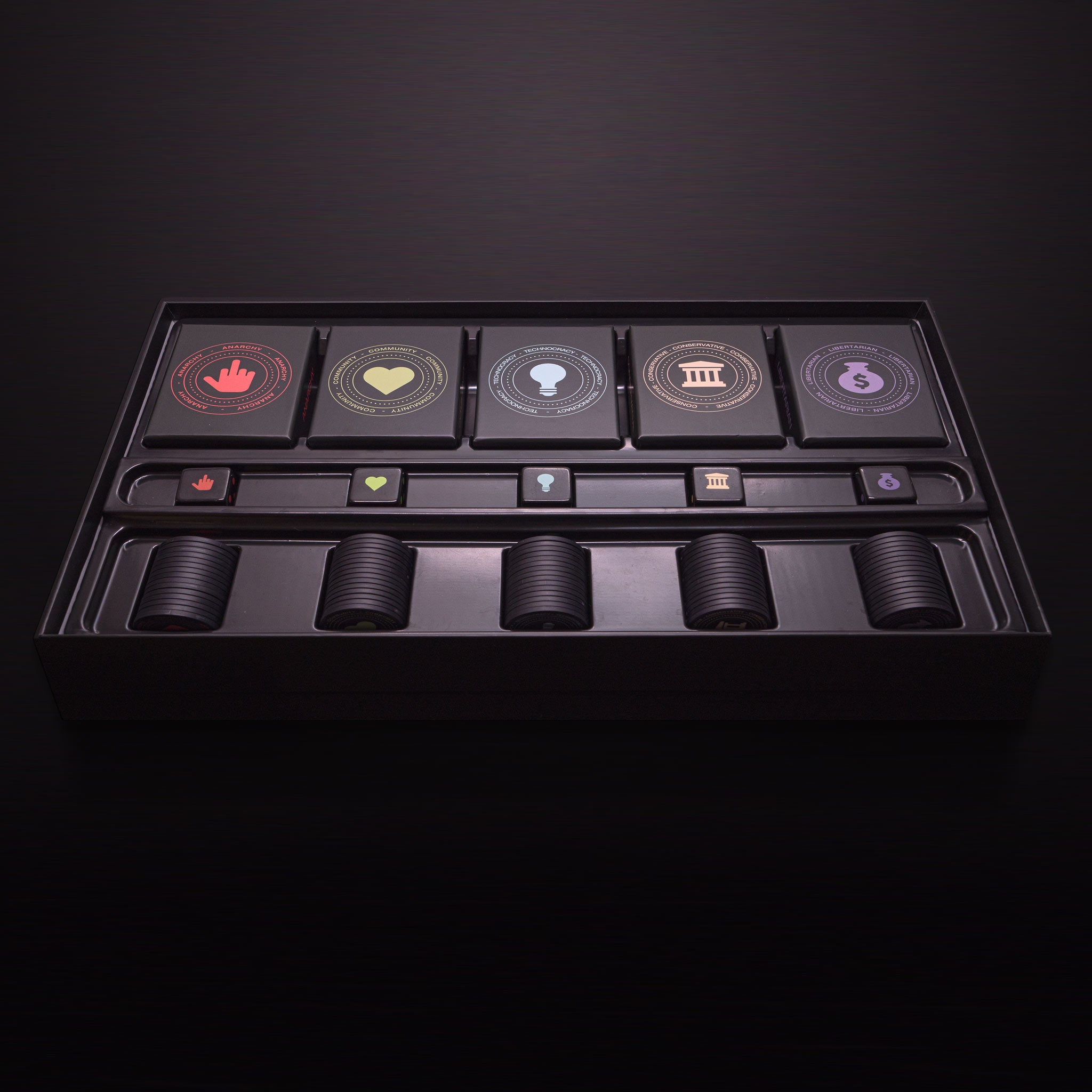 Open Culture War box showing cards, dice, and other first-edition components