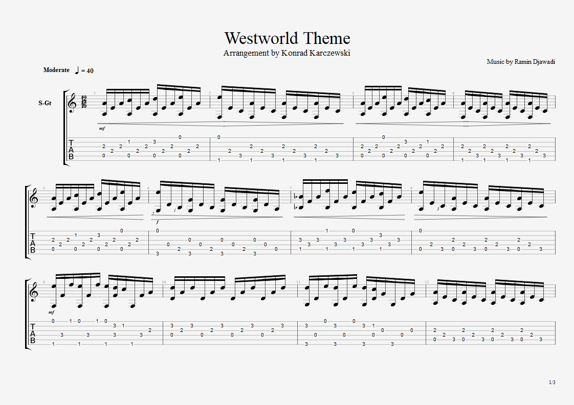 First page of Konrad Karczewski’s solo guitar arrangement of the Westworld theme